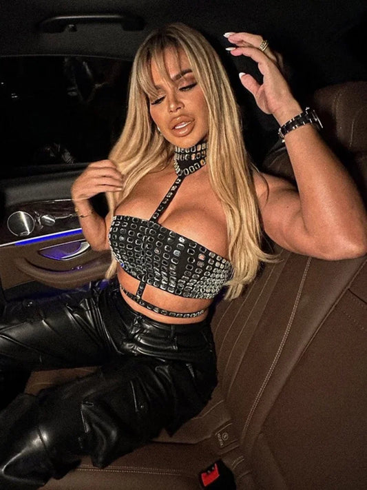 Sexy Women Edgy Clothes Y2k Accessories Beading Hot Crop Top Neck-Mounted Rave Club Outfits Bandage Camison Verano Ropa De Mujer