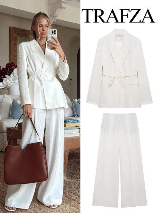 HH Women's Suits White Turn-Down Collar Long Sleeves Lace-Up Blazers+High Waist Zipper Long Pants Female Spring Fashion Sets