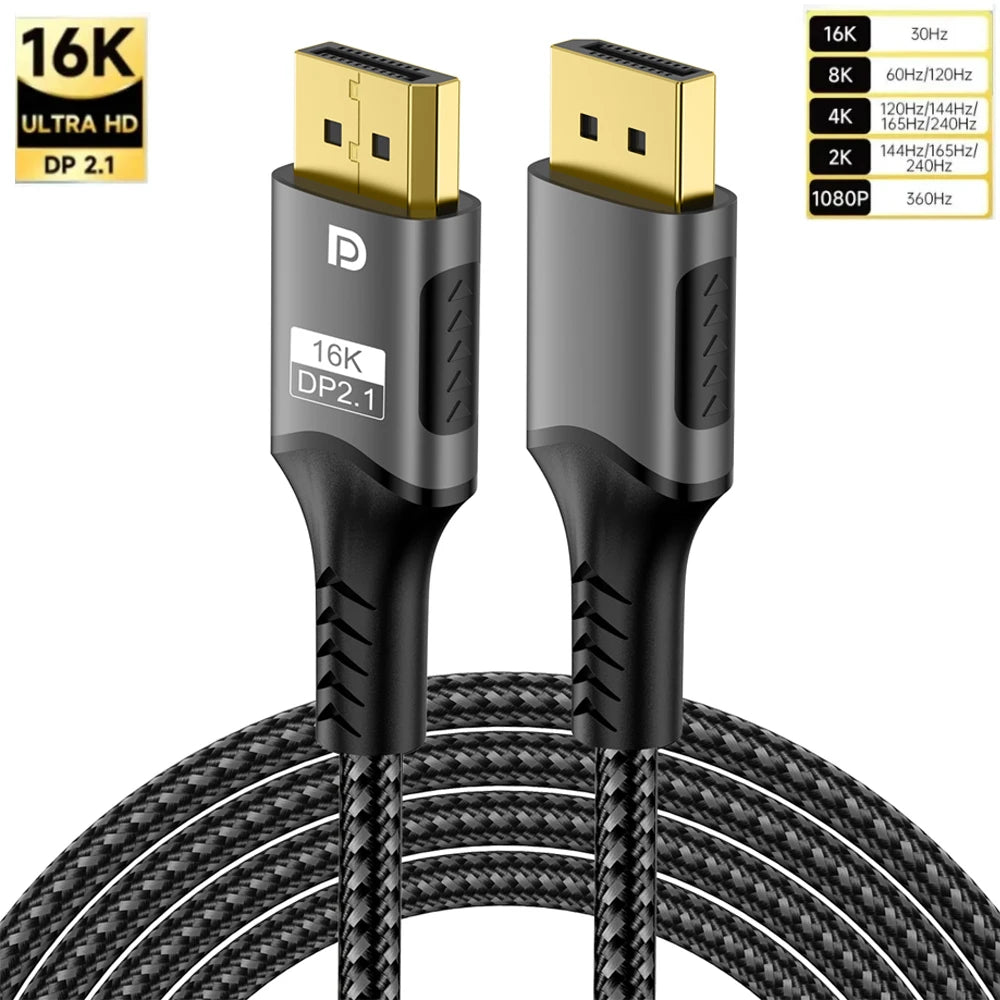 16K DP 2.1 8K@120Hz 4K@240Hz 80Gbps HDR Video Audio Displayport Cable Display Port  for Laptop TV Xbox Projector Gaming Monitor