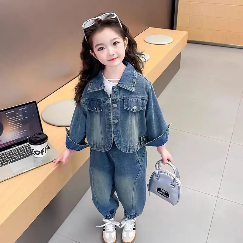 Korean Clothes for Children Spring Autumn New Baby Girls' Loose Fashion  Denim Jacket Pants Kids Casual Top Jeans 2 Pcs Set