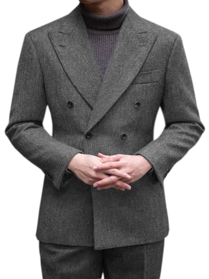 Men's Casual Suit 2 Pieces Blazers Pant Herringbone Men Suits Jackets Double Breasted Notch Lapel Slim Fit Coat Groom Wear NEW