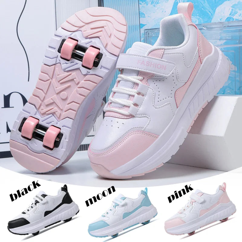 Kids Roller Skate Shoes with Wheels Fashion Casual Sports Children 4-Wheels Speed Sneakers for Boys and Girls Gift Nice Footwear