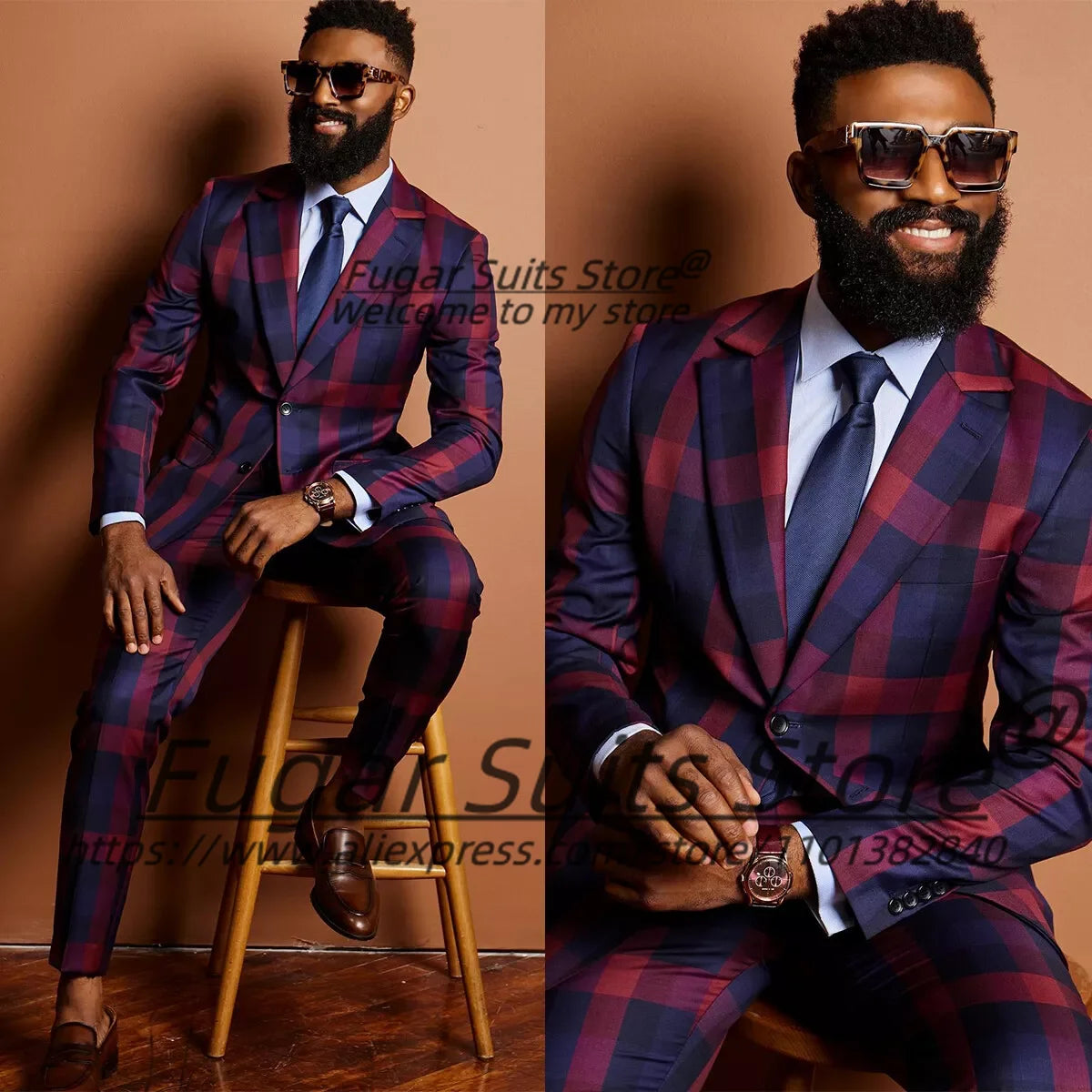 Fashion Plaid Prom Suits For Men Slim Fit Notched Lapel Groom Tuxedos 2 Pieces Sets Male Casual Blazers Handsome Ropa Hombre