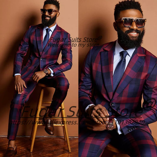 Fashion Plaid Prom Suits For Men Slim Fit Notched Lapel Groom Tuxedos 2 Pieces Sets Male Casual Blazers Handsome Ropa Hombre