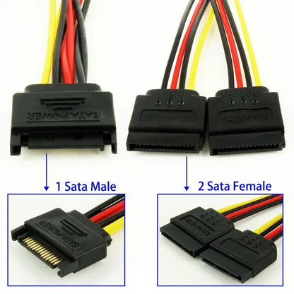 SATA 15pin Male to 2 x SATA 15pin Female Hard Disk Power Cable Serial ATA Y Splitter Dual Extension Cord Adapter Connector