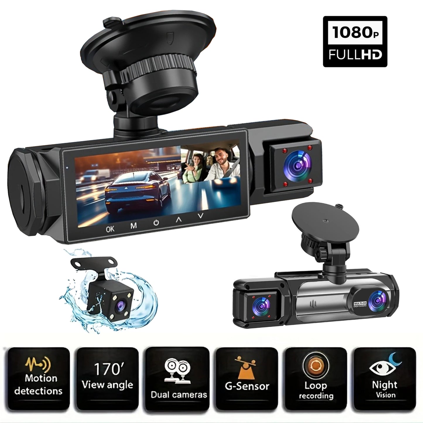 3 Cameraes Dash Cam 1080P Front and rear view camera Night Vision Parking Monit Car DVR 3way Car Video Recorder With Gift
