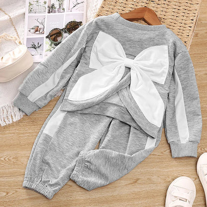 Kids Casual Clothing Sets Outfits for Girls Gray Bow Fashion Top + Sweatpants 2Pcs Baby Toddle Spring Autunmn Loose Clothing Set