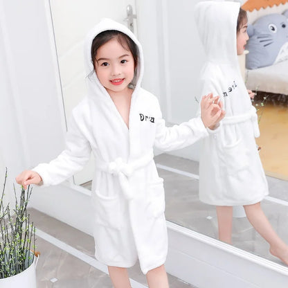 Children Flannel Robes Boys Girls Autumn Winter Pajamas Children Letter Sleepwear Kids Hooded Bathrobe Spring Casual Clothing