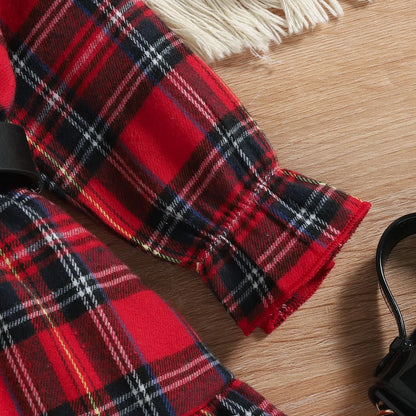 Kids Dresses For Girls Turn Down Collar Belted Red Plaid Shirts Dress Children Clothing Christmas Dresses For Girls