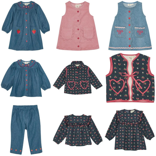 Kids Girls Clothes 25AW New Toddler Cute Bow Strawberry Printed Dresses Denim Vest Dress Jeans Children Clothing
