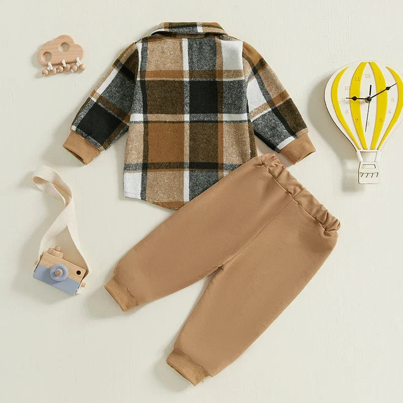 Children Clothing Kids Boys Plaid Print Long Sleeve Turn-down Collar Pocket Shirts Sets Pants Outfits 0-5Y