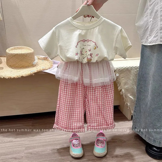 Children's Clothing Sets Girls Cute Suit Kids Short-Sleeved Cartoon Top Lace Trousers 2-Piece Summer New T-Shirt Outfit 2-8 Year