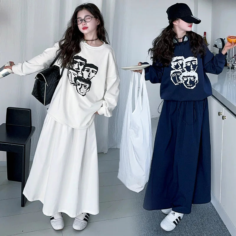 Children Costumes Spring Loose Fashion Girls Clothing Retro Versatile Personality Sweatshirt Skirt 2pcs Casual Kids Outfits Set