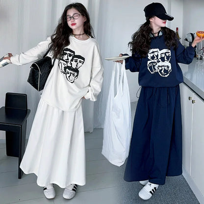 Children Costumes Spring Loose Fashion Girls Clothing Retro Versatile Personality Sweatshirt Skirt 2pcs Casual Kids Outfits Set