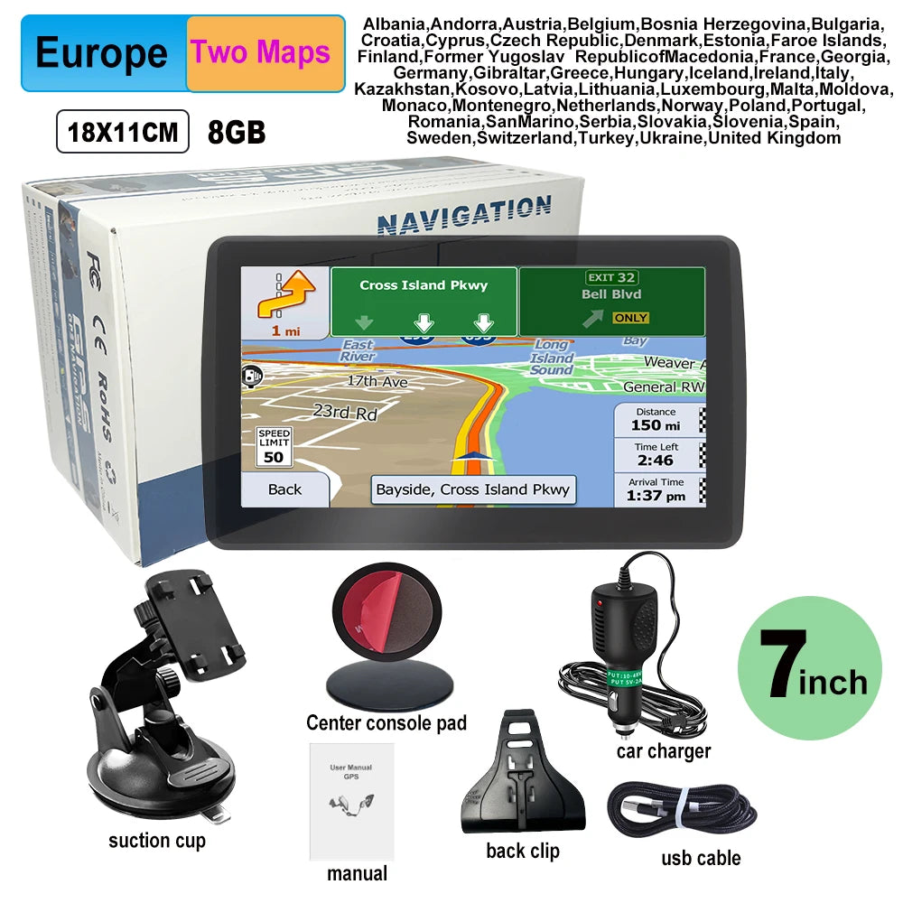 7 Inch GPS Navigation for Car Truck SAT NAV Accessories Tools  Navigator 2024 Free Update Europe North America Map 8GB FM Music