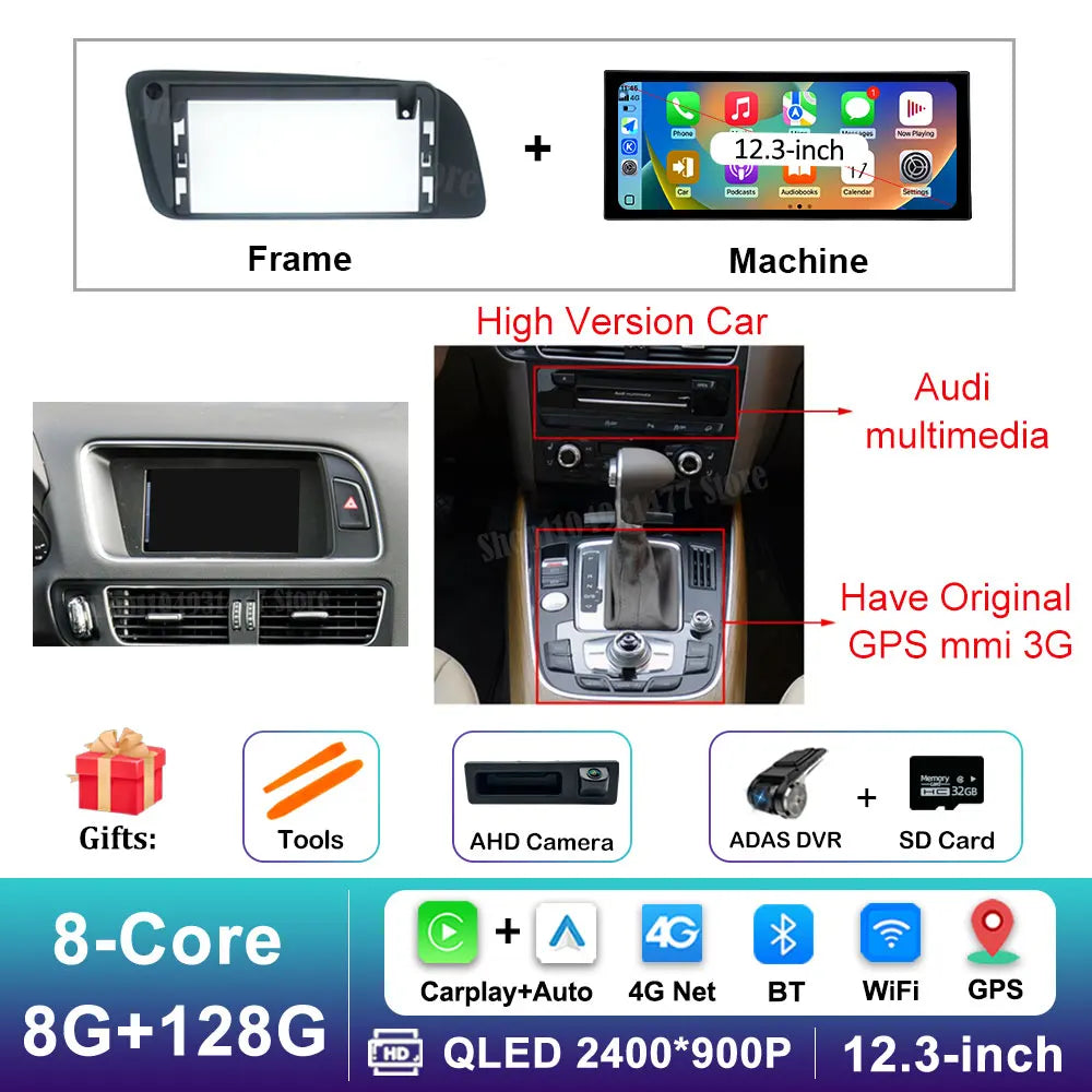 12.3 inch GPS Navigation Wireless Carplay Android 14 for Audi Q5 2009 - 2017 BT Car Multimedia Video Radio Player 4G Auto Tools