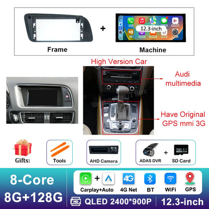 12.3 inch GPS Navigation Wireless Carplay Android 14 for Audi Q5 2009 - 2017 BT Car Multimedia Video Radio Player 4G Auto Tools