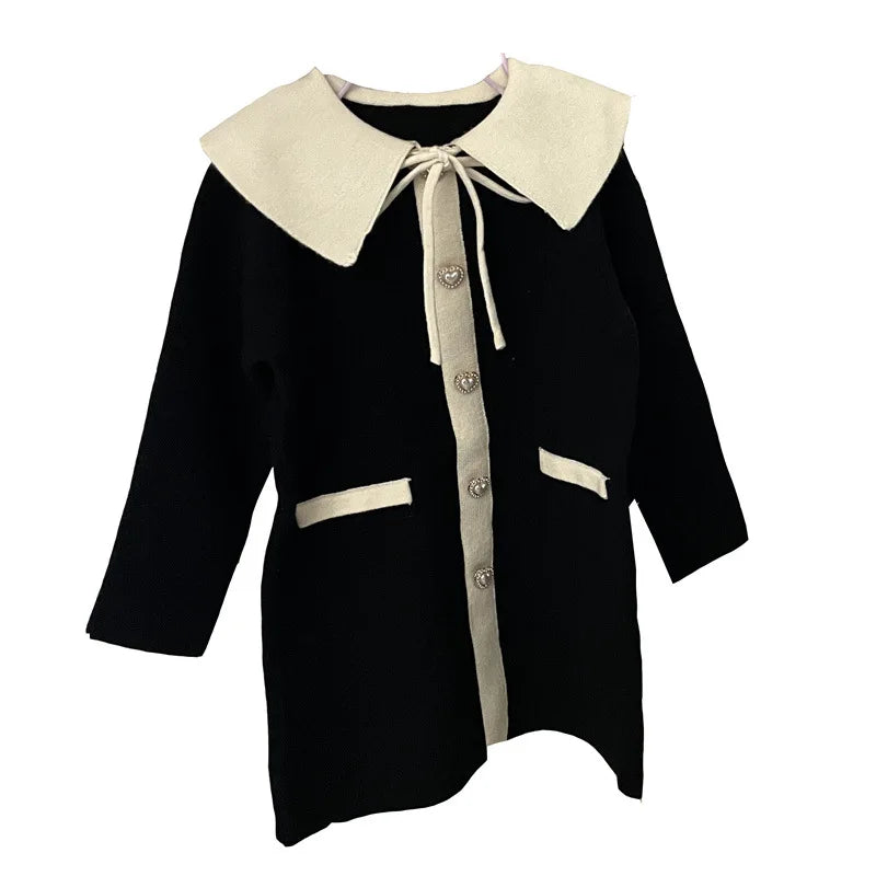 Children Girl Knitwear Dress Autumn Turn Down Collar Elegant Infant Baby Girl Dress Loose Casual Single Breasted Kids Girl Dress