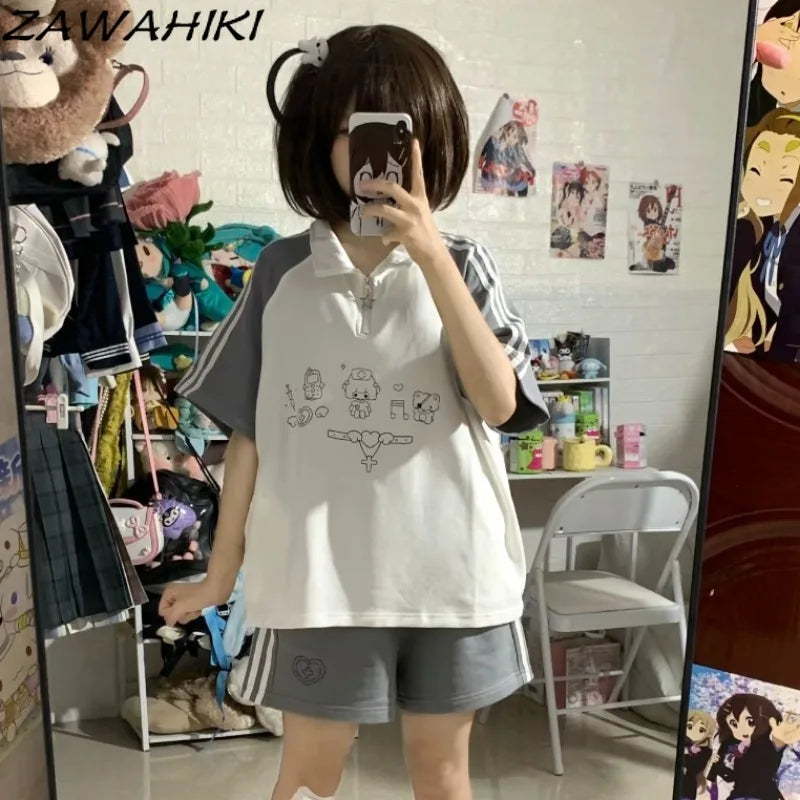 Preppy Two Piece Set Women Contrast Color Cartoon Print Top Female + Striped Solid Color Woman's Pants Sweet Kawaii Ropa Mujer