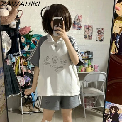 Preppy Two Piece Set Women Contrast Color Cartoon Print Top Female + Striped Solid Color Woman's Pants Sweet Kawaii Ropa Mujer