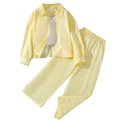 Kids Costume Suit For 4-12 Years Girls Pink Striped Long Sleeve Lapel Cardigan Shirt & Pants Daily Causal Style Comfortable Suit