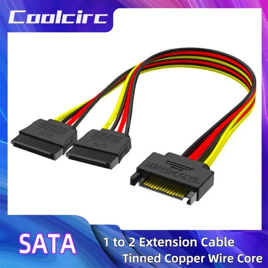 Coolcirc SATA Power Y Splitter Cable | 15Pin Male to 2 Female Extension | 20cm High Quality for Dual HDD/SSD Power Supply