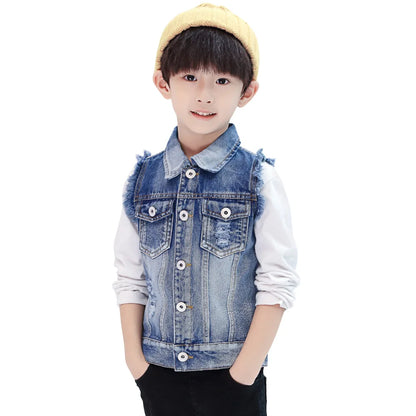 Kids Denim Jacket Boys Vest Coat Sleeveless Tassels Lapel Outerwear Casual Button Children's Cowboy Waistcoat Girls Denim Vest