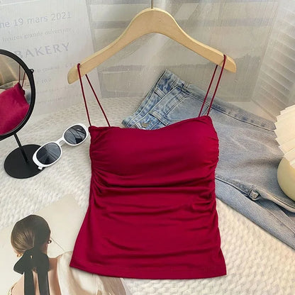 Women Sexy Ruched Camisole Top with Built-in Bra Solid Color Spaghetti Sweet and Spicy Sleeveless Outerwear Vest