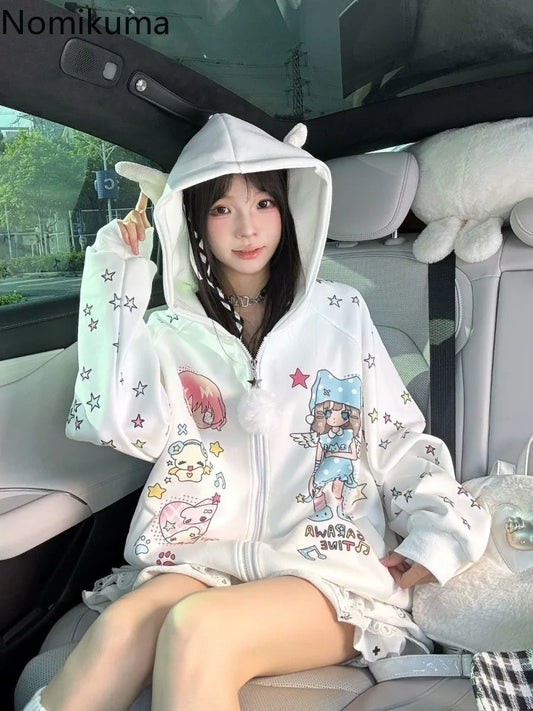 2025 Ropa Mujer Japanese Coat for Women‘s Thicked Cute Cartoon Print Jackets Oversized Tops Casual Fashion Ear Hooded Outwear