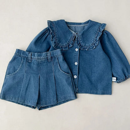 fashionable childrens set denim top+jeans short Korean version girl casual sports two-piece set 0-6 year old childrens cloth