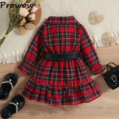 Kids Dresses For Girls Turn Down Collar Belted Red Plaid Shirts Dress Children Clothing Christmas Dresses For Girls