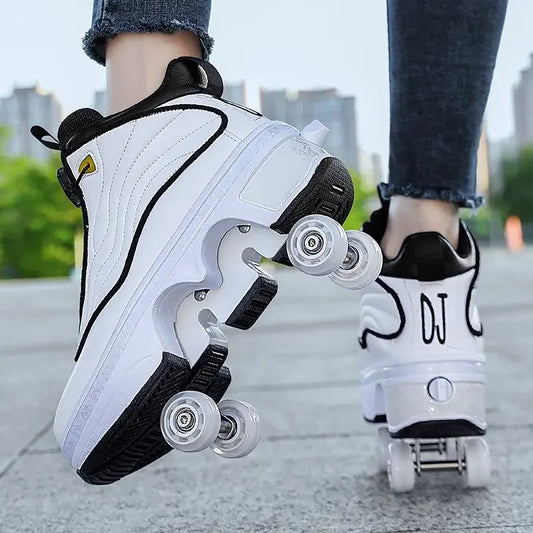 Roller Shoes Adult Unisex Retractable Four Wheels Walk Shoe Girls Boys Parkour Sneaker Stylish Skate 2 in 1 Removable Pulley