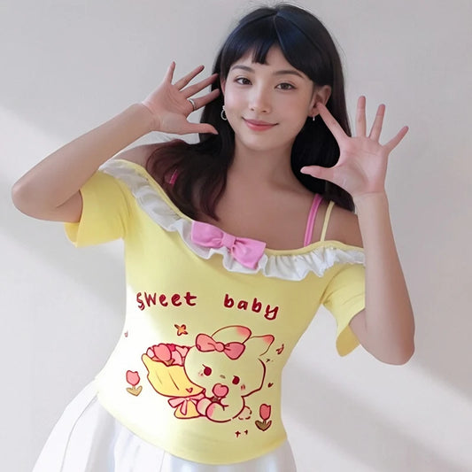 Women clothing T-shirt Y2k Cute Sweet Girls Short Sleeves Crop Top Harajuku Women Lolita Kawaii Cartoon Print  ropa de mujer