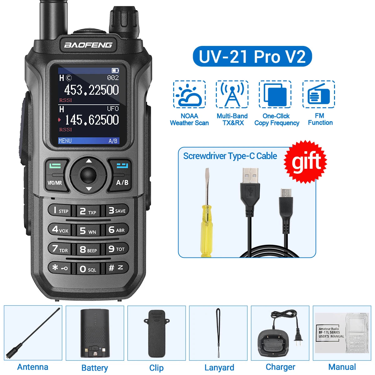 Baofeng UV-21 Pro V2 Wireless Copy Frequency Mutli Band Powerful Waterproof Long Range UV-5R Long Range Type-C Two Way Ham Radio