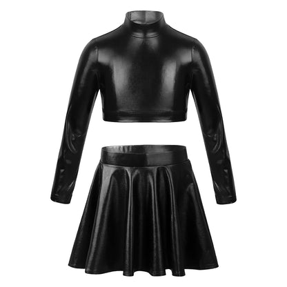 Children Clothing Girl Metallic Sleeveless Tops Flared Pleated A-Line Mini Short Skirt Kids Outfits 2pcs Clothes Set Dance Wear