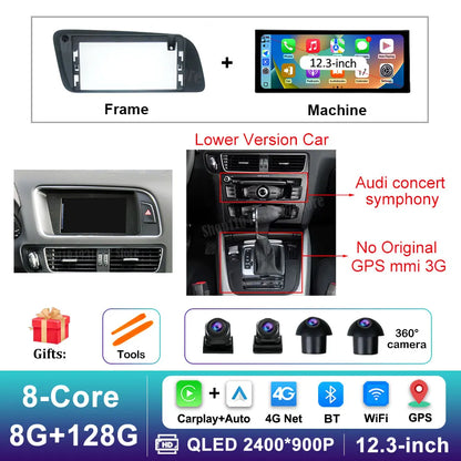 12.3 inch GPS Navigation Wireless Carplay Android 14 for Audi Q5 2009 - 2017 BT Car Multimedia Video Radio Player 4G Auto Tools
