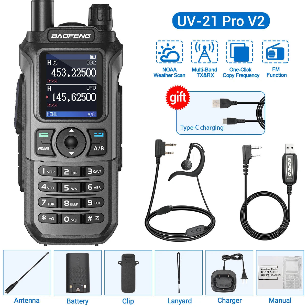Baofeng UV-21 Pro V2 Wireless Copy Frequency Mutli Band Powerful Waterproof Long Range UV-5R Long Range Type-C Two Way Ham Radio
