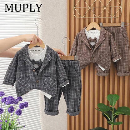 Children Clothing Spring Autumn Baby Boys Wear Infant Lapel Plaid T-Shirt Pants 3pcs/sets Toddler Casual Suit 0-5 Years