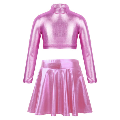 Children Clothing Girl Metallic Sleeveless Tops Flared Pleated A-Line Mini Short Skirt Kids Outfits 2pcs Clothes Set Dance Wear