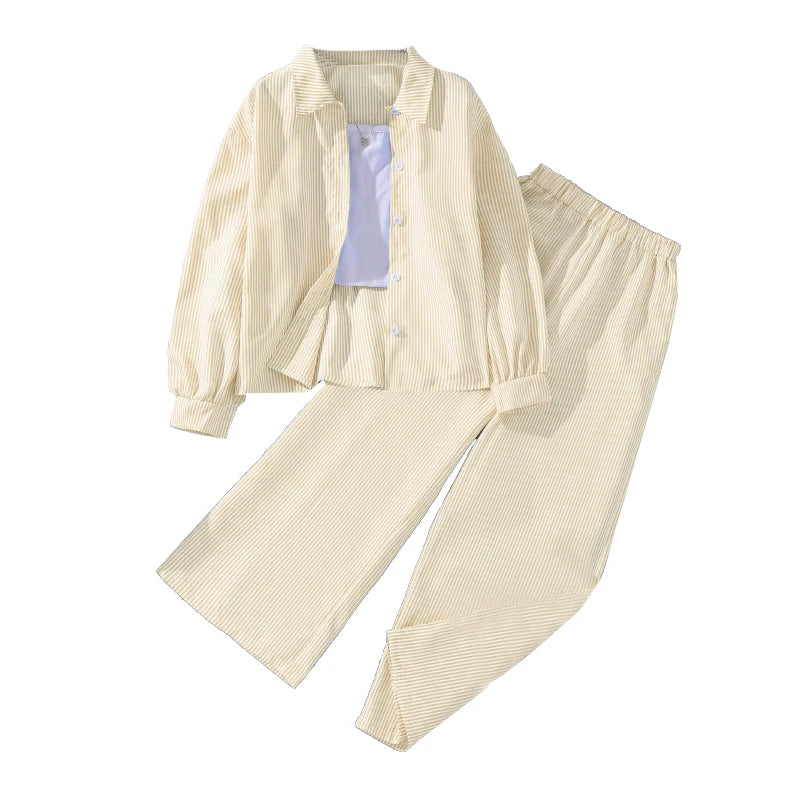 Kids Costume Suit For 4-12 Years Girls Pink Striped Long Sleeve Lapel Cardigan Shirt & Pants Daily Causal Style Comfortable Suit