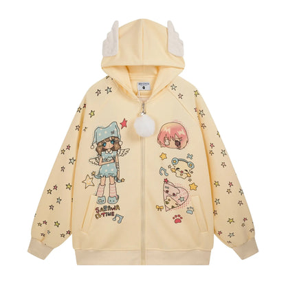 2025 Ropa Mujer Japanese Coat for Women‘s Thicked Cute Cartoon Print Jackets Oversized Tops Casual Fashion Ear Hooded Outwear