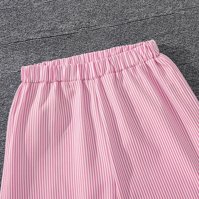 Kids Costume Suit For 4-12 Years Girls Pink Striped Long Sleeve Lapel Cardigan Shirt & Pants Daily Causal Style Comfortable Suit