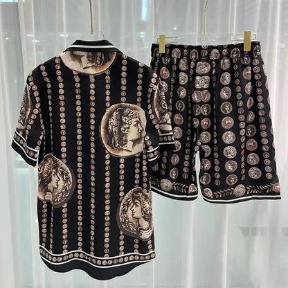 Ropa Hombre Royal Luxury Men Shirt Sets Vintage Pattern Character Printed 2 Piece Hawaiian shirt Suit Casual Oufits Short Sleeve