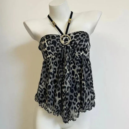 Women Clothing Summer Crop Tops 2025 Ropa Mujer Halter Backless Loose Vest Sweet Korean Camis Korean Leopard Print Sexy Tanks