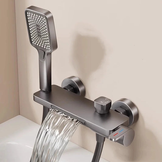 Bathroom Waterfall Bathtub Faucet With Hand-held Shower Head Wall Mounted Hot and Cold Mixer Tap Shower Set Single Handle