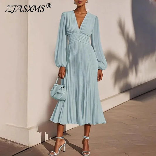 Woman Clothing 2025 Spring Sexy V Neck High Waist Pleated Long Dress New Autumn Long Sleeve Elegant Party Dresses Vestidos Mujer