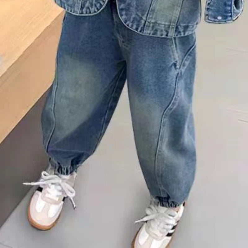 Korean Clothes for Children Spring Autumn New Baby Girls' Loose Fashion  Denim Jacket Pants Kids Casual Top Jeans 2 Pcs Set