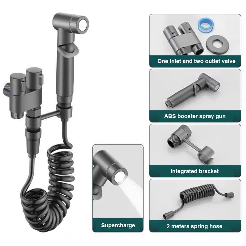 Zinc Alloy High Pressure Bidet Sprayer Kit - Bathroom Toilet Cleaner Spray Gun with 1 In 2 Out Angle Valve, Grey/Silver/Black
