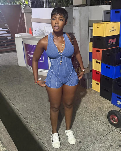 Women Ribbed 1 Piece Rompers 2025 Summer Casual Washed Retro Playsuits Street Clothes Sexy V Neck Sleeveless Bodycon Jumpsuits