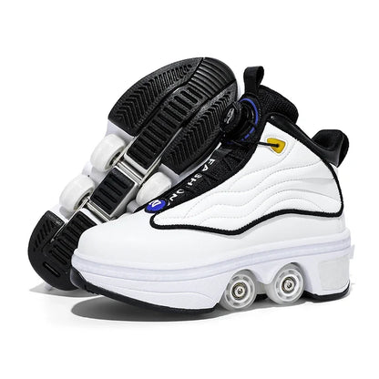 Roller Shoes Adult Unisex Retractable Four Wheels Walk Shoe Girls Boys Parkour Sneaker Stylish Skate 2 in 1 Removable Pulley